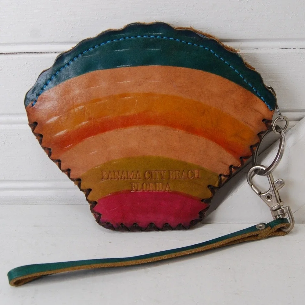 Vintage leather Coin Purse‎ Sea Shell Panama City Beach Florida Money Holder